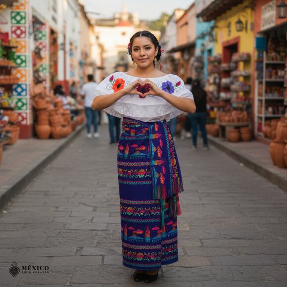 Traditional Mexican Floral Cambaya Dress Set – Handmade Two-Piece Skirt & Blouse - Picture 2 of 7